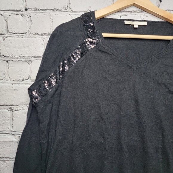 Maje Black Silk Sequin Embellished Shoulder V Neck Sweater Size 1 - Picture 3 of 11
